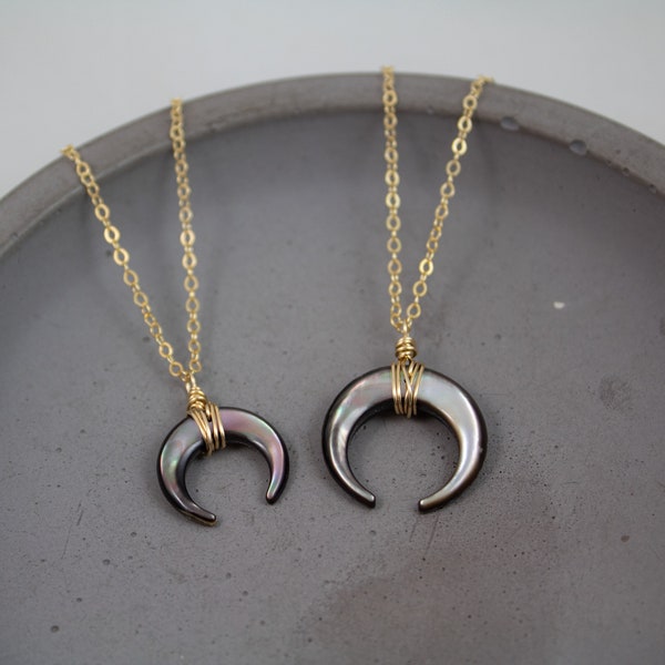 Black Crescent Moon Pendant Necklace, Sterling Silver, Rose Gold, Gold Filled, Mother of Pearl Moon Necklace, double horn necklace, tusk