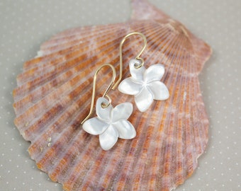 White Plumeria Earrings, Mother of Pearl Flower Earrings Dangles, Hibiscus Earrings Gold Filled, Sterling Silver, Rose Gold
