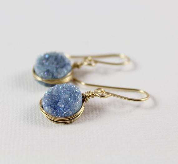 Blue Druzy Earrings, Dusty Blue Earrings, Real Druzy Earrings, Small Wire Wrapped Earrings, wire wrapped gemstone Quartz Earrings