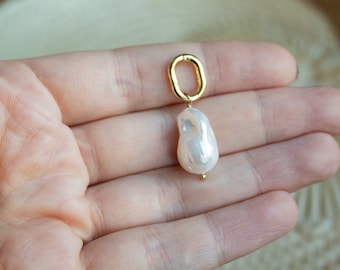 Baroque Pearl Pendant Only, White Baroque Pearl Charm, Freshwater Pearl Pendant Gold Filled, Large Pearl Pendant Removable, Flameball Pearl