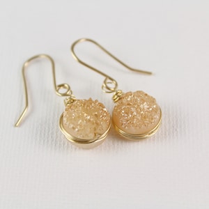 Druzy Drop Earrings, Champagne Gold Earrings Minimal, Druzy Earrings Dangle, Peach Blush Druzy Earrings Bridesmaid, Real Druzy Earrings