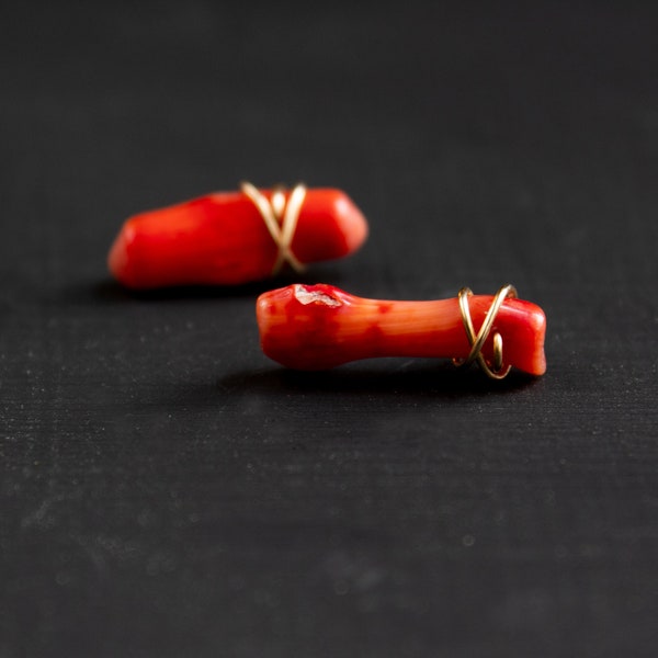 Coral Earrings, Red Coral Stud Earrings, Natural Coral Earrings Studs, Sterling Silver, Gold, Wire wrapped stud earrings, Raw Stone Studs