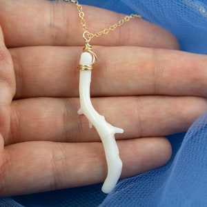 Puede incluir: Un delicado collar de cadena dorada con un colgante de rama de coral blanco. La rama de coral est&aacute; envuelta en alambre dorado y tiene una forma natural y org&aacute;nica.