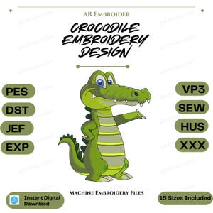 Cute Cartoon Crocodile Embroidery Design, Alligator Machine Embroidery File, Kids Reptile Patch, 15 Sizes Instant Download