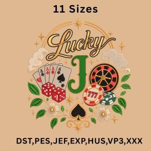 Lucky Jo Casino Embroidery Design, Cards Dice Roulette Poker Machine Embroidery File, Dark Fabric Patch, 11 Sizes Instant Download