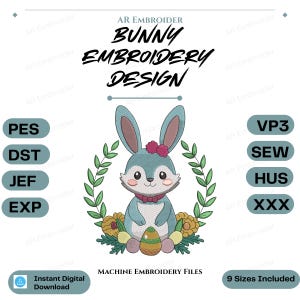 Diseño de bordado de conejito de Pascua, archivo de bordado a máquina de conejo con corona floral, parche de huevo de primavera, 9 tamaños, descarga instantánea