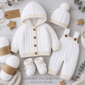 May include: A white crochet set including a hooded cardigan with four brown buttons, a beanie with a pom-pom, overalls with two buttons, and a pair of booties. The set features a cable knit pattern and ribbed trim. Text reads: HOMEWUN KNITS Est 2023, CROCHET PATTERN PDF — Sizes 0-12 Months —