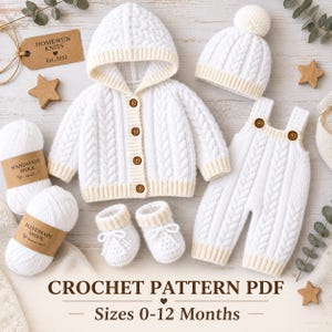 Modello PDF per cardigan da neonato all'uncinetto, set con maglione con cappuccio, completo per neonato da 0 a 12 mesi per il rientro a casa