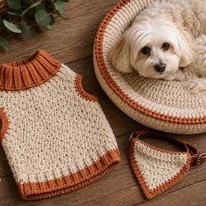 May include: A cream and burnt orange crocheted pet sweater with a ribbed turtleneck, a matching round pet bed containing a small white dog, and a triangular pet bandana with a brown leather collar strap, all featuring a consistent textured pattern.