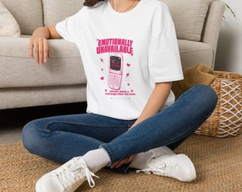 Mental Health Shirt | Emotionally Unavailable flip phone graphic T-Shirt | Retro pink text, hearts