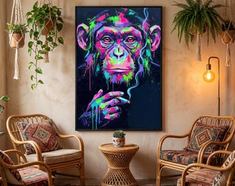 Neon Dripping Chimp Smoking Canvas