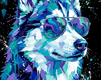 Frostbite | Husky i solglasögon popkonst | Cool blå hundväggkonst | Utskrivbar digital nedladdning