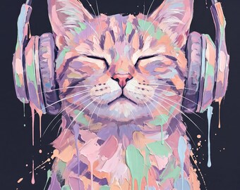 Lo-Fi Kitty | Katt med hörlurar Popkonst | Pastellmusik Väggkonst | Utskrivbar digital nedladdning