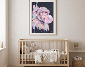 Pastel Chimpanzee with Bubble Gum Canvas | Matte Stretched Wall Art