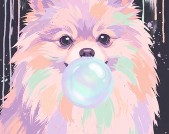 Fluff & Bubble | Pomeranian Bubblegum Popkonst | Pastellfärgad hund väggkonst för barnkammaren | Utskrivbar digital nedladdning