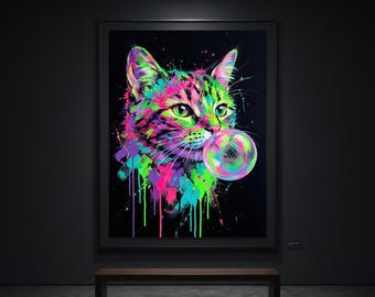 Neon Pop Art Cat Bubblegum Canvas