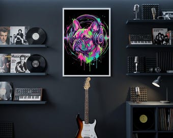 Neon Paint Drip French Bulldog Headphones Canvas