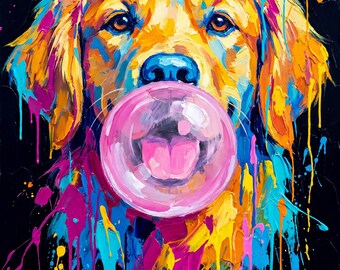 Bubble Trouble | Golden Retriever Bubblegum Pop Art | Färgglad hundväggkonst | Utskrivbar digital nedladdning