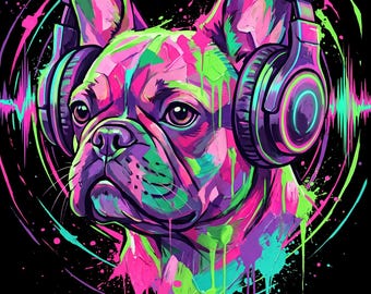 Frenchie Beats | Fransk bulldogg hörlurar popkonst | Neon hund väggkonst | Utskrivbar digital nedladdning