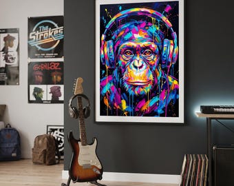 Colorful Neon Chimpanzee Headphones Canvas | Matte Stretched Wall Art