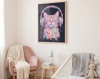 Pastel Paint Drip Cat with Headphones Canvas