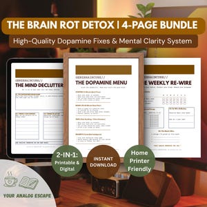 Op de afbeelding: Een digitaal pakket van 4 pagina's getiteld The Brain Rot Detox met The Mind Declutter, The Dopamine Menu en The Weekly Re-Wire. De documenten bevatten secties voor taakbeheer, gewoonte-tracking en mentale helderheid in een bruin kleurenschema.