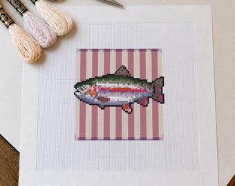 Kit de bordado con rayas de trucha arcoíris, lienzo impreso para bordado, ideal para principiantes, decoración de pesca.