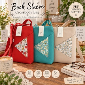 May include: Three rectangular crossbody bags in red, teal, and beige, each featuring a white snap-button closure and a triangular floral fabric accent on the front. The bags include adjustable straps and are presented as a PDF sewing pattern.