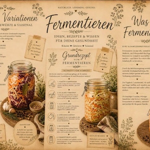 May include: An informational poster titled Fermentieren featuring three glass jars filled with colourful fermented vegetables, step-by-step instructions, and lists of herbs and spices on a vintage-style paper background with botanical illustrations.