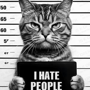 May include: A black and white mugshot-style graphic featuring a tabby cat with a stern expression. The cat holds a black sign with the white text I HATE PEOPLE. The background consists of horizontal lines and numbers, mimicking a police lineup.