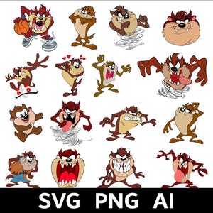 May include: A collection of sixteen illustrations featuring the Tasmanian Devil in various poses, including playing basketball, spinning in a tornado, and making expressive faces. The bottom of the image displays the text SVG PNG AI.