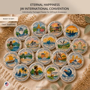 May include: A collection of round pins featuring colorful illustrations of various global cities and landmarks, each labeled with the text ETERNAL HAPPINESS JW INTERNATIONAL CONVENTION 2026. The designs include diverse scenes like ships, animals, and cityscapes.