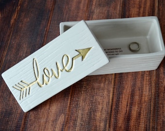 Gift for Wife, Gift to Bride from Groom, Bride to Be Gift - Love Box - Love in Gold or Silver - Personalized Ceramic Wood Grain Keepsake Box