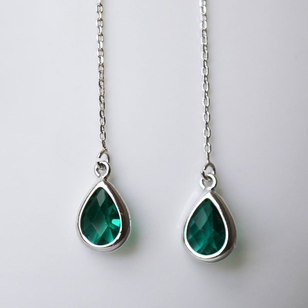 Emerald May Birthstone Threader Earrings, Green Teardrop Dangles