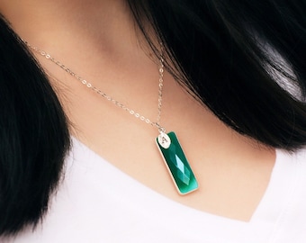 Green Onyx Necklace, May Birthstone, Sterling Silver or 18K Gold, Bridesmaid Gift, Personalized Rectangle birthstone Necklace