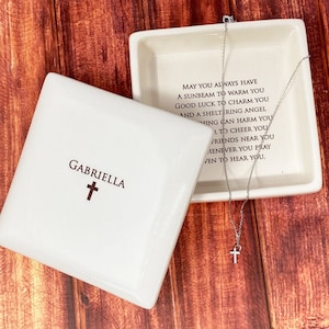 Baptism Gift with Irish Blessing, Confirmation Gift, First Communion Gift, Godchild Gift - Square Keepsake Box with Diamond Cross Necklace