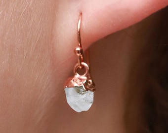 Herkimer Diamond Earrings, Raw Dangles, Initial Leaf Charm, April Birthday Gift, Silver or Gold