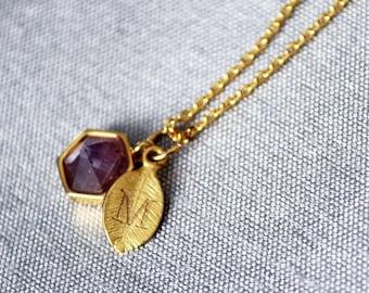 Amethyst Hexagon Initial Necklace: Gold Layering Jewelry