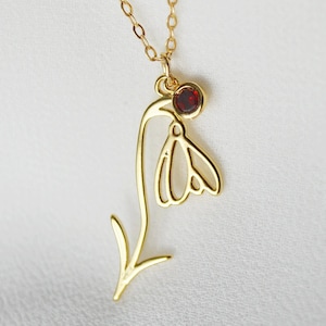 January Birth Flower Necklace, Snowdrop Flower Necklace, Birth Flower with Birthstone Stone Necklace, January Birthday Gift for Her