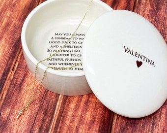 Personalized Baptism Gift Keepsake Box with Crystal Cross Necklace, Irish Blessing