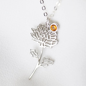 November Chrysanthemum Birth Flower Necklace with Topaz Birthstone, Thoughtful November Birth Gift Idea