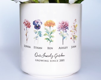 Cadeau fête des mères, pot ou vase de fleur d'extérieur personnalisé fleur du mois de naissance, cadeau personnalisé pour elle, grand-mère ou maman, grande taille