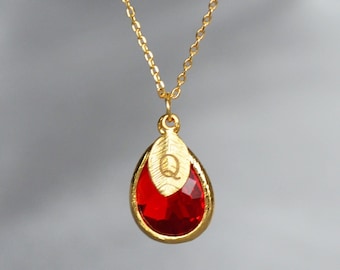 Personalized Red Ruby Teardrop Pendant Necklace: Initial Leaf Charm, July Birthstone