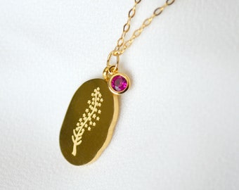 Collar con flor de nacimiento, colgante grabado y dije de piedra de nacimiento, cadena de 16", 18" o 20", color oro.