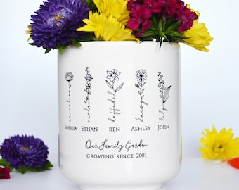 Personalized Birth Flower 'Our Family Garden' Planter, Ceramic Vase Gift