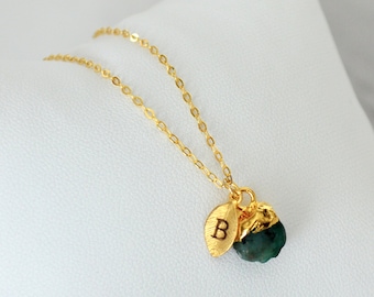 Dainty Emerald Raw Necklace, May Birthstone, Layering, Bridesmaids, Gift for Mom