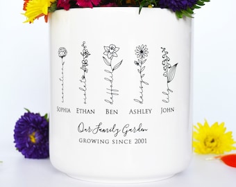 Muttertagsgeschenk, Garten der Liebe Blumentopf, personalisierter Gartenübertopf für unsere Familie, Geschenk für Oma oder Mutter, Blumenvase zur Geburt, GROßE Größe