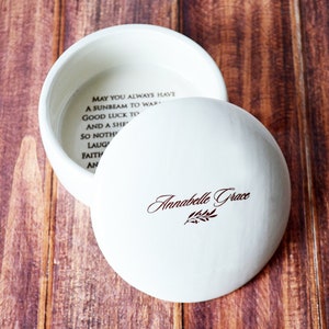 Baptism Gift, First Communion Gift, Confirmation Gift, or Godchild Gift - With Irish Blessing - Script Font - Round Keepsake Box