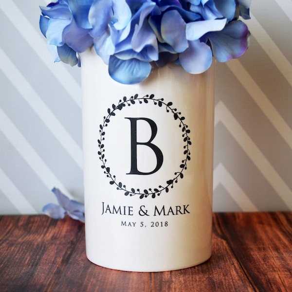 Anniversary Gift, Wedding Gift or Engagement Gift - Use as a Personalized Vase or Utensil Holder - Wreath Design