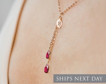 Personalized Garnet Drop Necklace, Dainty January Birthstone Necklace, Custom Initial Necklace, Garnet Jewelry, Handmade Jewelry Gift